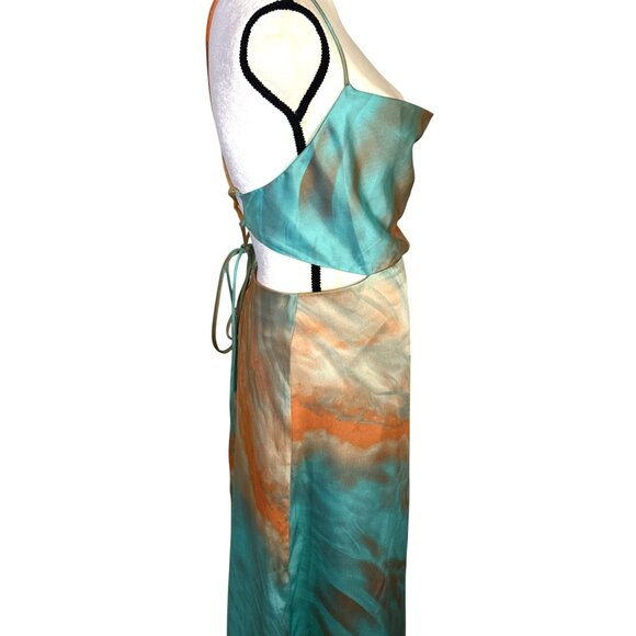 Coastal Resortwear Satin Midi Dress Medium Tie Dye Cut-Out Strappy Back ACOA - Picture 7 of 12